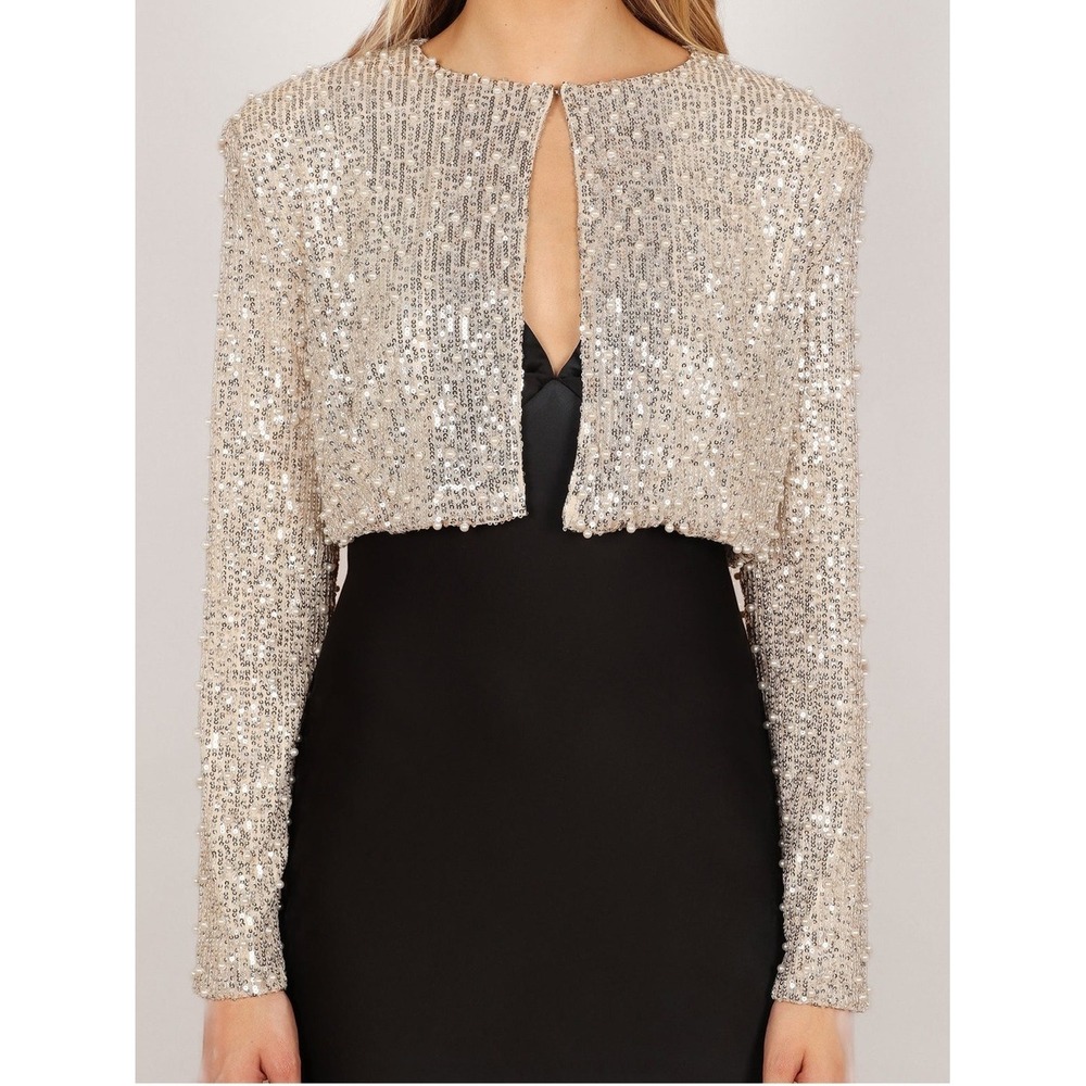Petal & Pup New Small Champagne Monica Allover Pearl and Sequin Crop Jacket